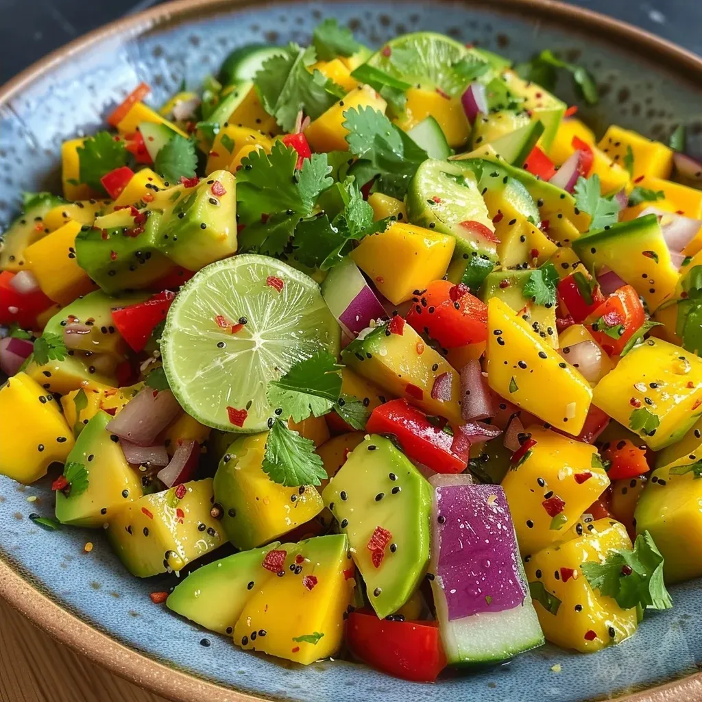 ['A vibrant healthy mango salad with fresh chopped ingredients in a bowl.', 'Close-up view of a colorful mango salad featuring mango, avocado, and red peppers.', 'A fresh mango salad with a variety of chopped vegetables and garnished with lime.', 'Juicy mango salad with avocado and colorful veggies being served in a bowl.']