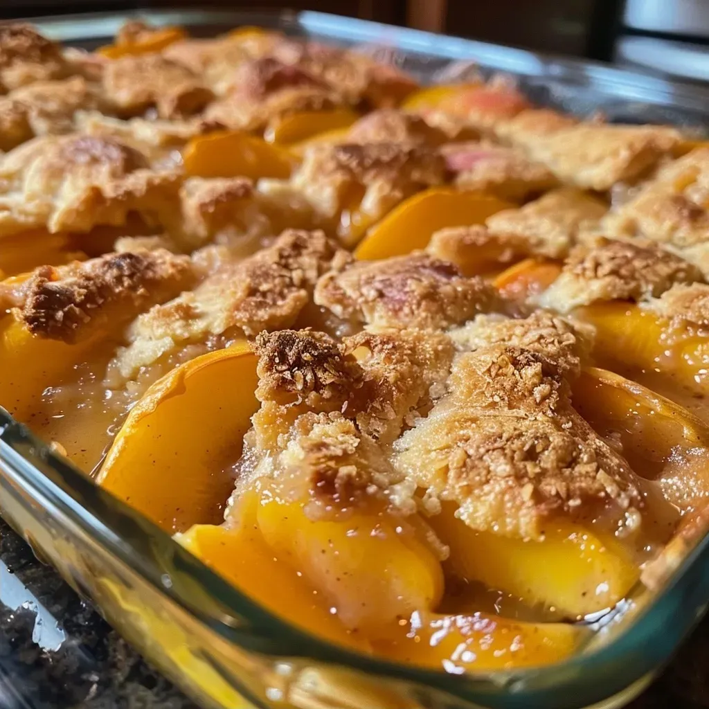 ['Side view of a healthy peach cobbler with golden crust and juicy peach filling.', 'Close-up of a delicious peach cobbler, showcasing fresh peaches and a crumbly topping.', 'Healthy peach cobbler in a baking dish, with sliced peaches and a golden brown crust.', 'Warm peach cobbler served in a dish, emphasizing the juicy peaches and rustic appearance.']
