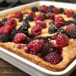 ['Close-up of a baked dish featuring mixed berries and a golden crust.', 'Side view of a berry bake, showcasing its juicy filling and light texture.', 'Appetizing slice of high protein berry bake with visible berries and a fluffy appearance.', 'Detailed view of a colorful berry bake highlighting fresh fruit and a golden top.']
