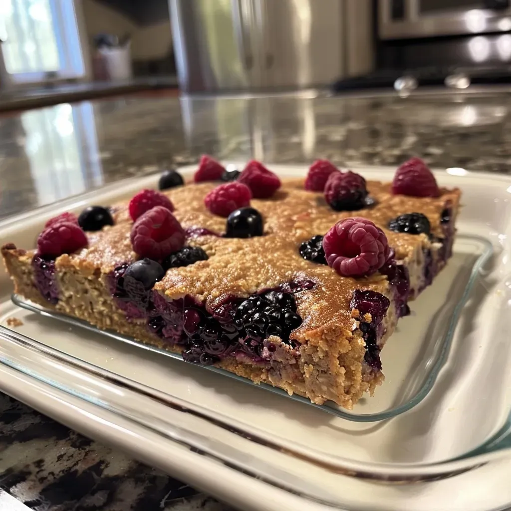 ['Close-up view of a high protein berry bake with vibrant mixed berries on top.', 'Side angle of a fruity berry bake, showcasing its golden crust and moist texture.', 'A delicious baked dish featuring colorful berries, perfect for a nutritious breakfast.', 'Juicy berry bake with a rich cottage cheese base, decorated with fresh berries.']