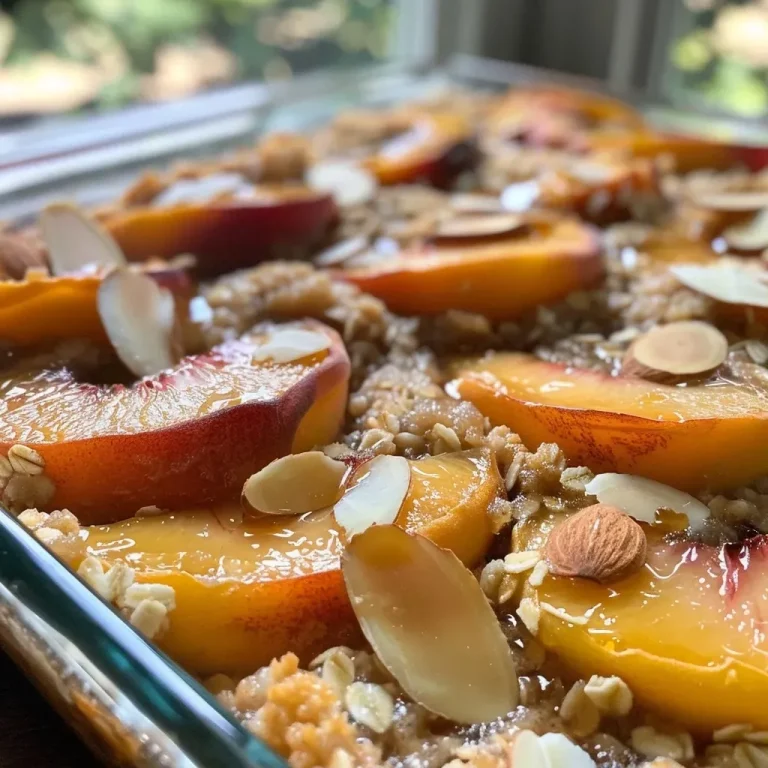 ['A close-up view of a delicious peach cobbler topped with almond slices and coconut flakes.', 'Juicy slices of peaches in a baked cobbler with a golden crust and sprinkled with oats and almonds.', 'High-protein peach cobbler served in a dish, featuring fresh peach slices and a crunchy topping.', 'A side view of a peach cobbler accented with cinnamon, almond slices, and a scoop of Greek yogurt.']