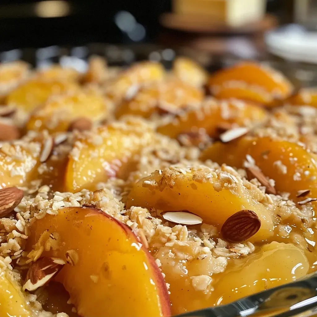 ['A close-up view of a delicious peach cobbler topped with almond slices and coconut flakes.', 'Juicy slices of peaches in a baked cobbler with a golden crust and sprinkled with oats and almonds.', 'High-protein peach cobbler served in a dish, featuring fresh peach slices and a crunchy topping.', 'A side view of a peach cobbler accented with cinnamon, almond slices, and a scoop of Greek yogurt.']