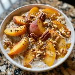 ['Close-up view of a bowl of peach overnight oats with visible peach slices and chia seeds.', 'Side view of high protein peach overnight oats featuring creamy yogurt and oats topped with pecans.', 'Juicy, vibrant peach overnight oats in a glass jar, showcasing layers of oats, yogurt, and chopped peaches.', 'Detailed shot of overnight oats with peach syrup, protein powder, and fresh peaches, presented in a rustic setting.']
