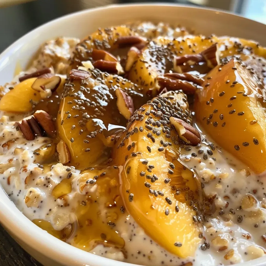 ['Close-up view of a bowl of peach overnight oats with visible peach slices and chia seeds.', 'Side view of high protein peach overnight oats featuring creamy yogurt and oats topped with pecans.', 'Juicy, vibrant peach overnight oats in a glass jar, showcasing layers of oats, yogurt, and chopped peaches.', 'Detailed shot of overnight oats with peach syrup, protein powder, and fresh peaches, presented in a rustic setting.']