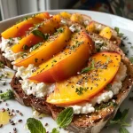 ['Close-up view of a peach toast topped with cottage cheese and hemp seeds.', 'Side view of high protein peach toast with fresh peach slices and honey drizzle.', 'Juicy peach toast garnished with mint leaves and broccoli sprouts.', 'Delicious high protein toast featuring cottage cheese and colorful peach slices.']