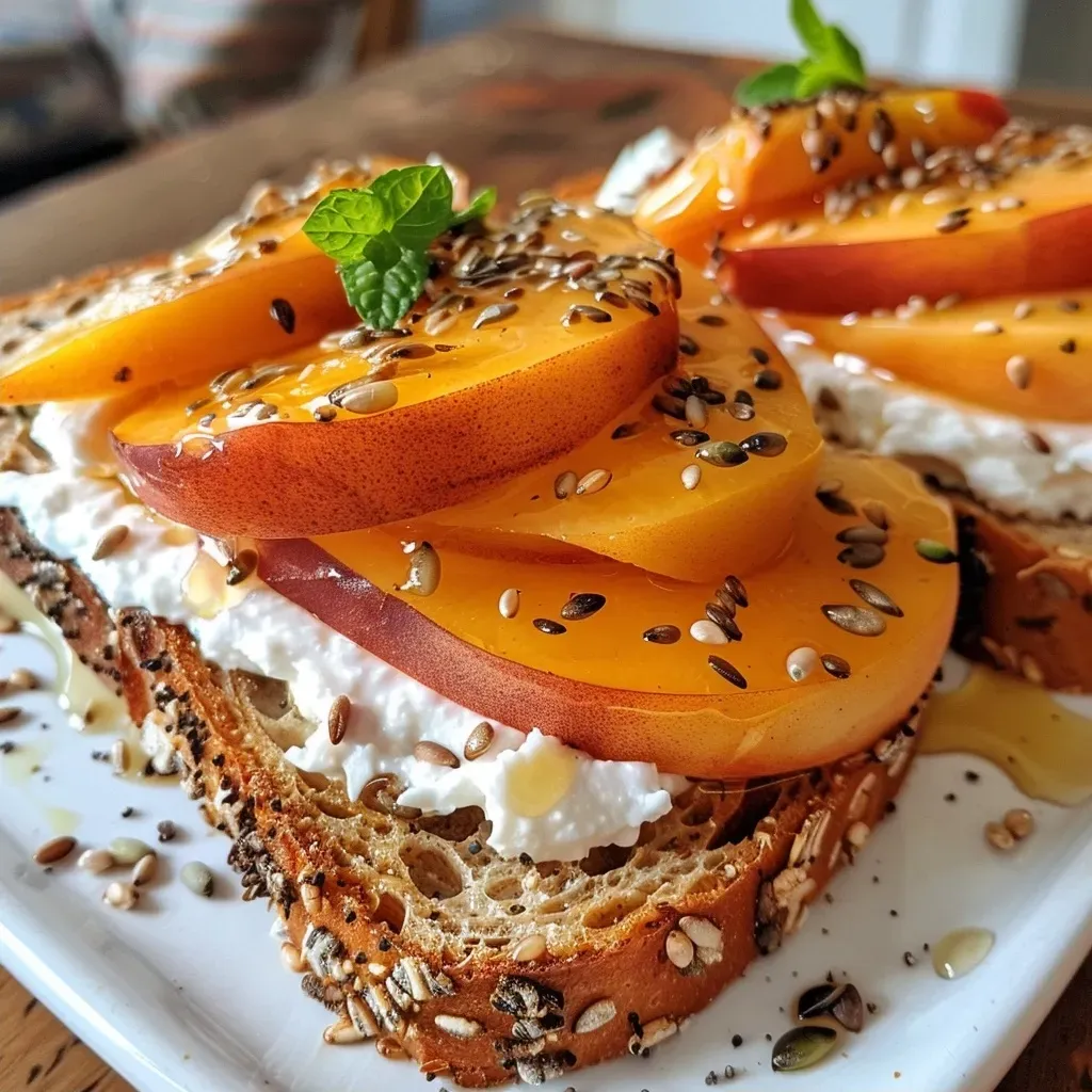 ['Close-up view of a peach toast topped with cottage cheese and hemp seeds.', 'Side view of high protein peach toast with fresh peach slices and honey drizzle.', 'Juicy peach toast garnished with mint leaves and broccoli sprouts.', 'Delicious high protein toast featuring cottage cheese and colorful peach slices.']