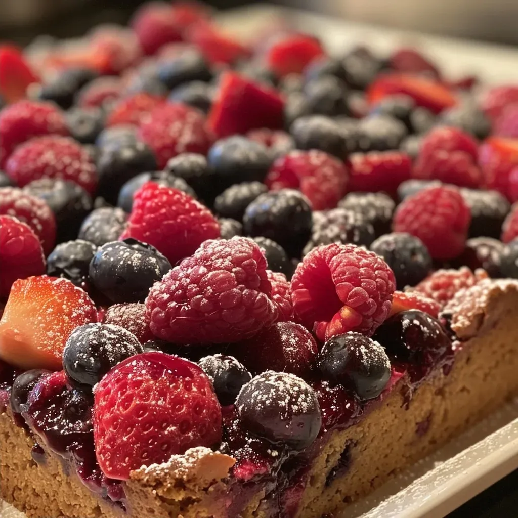 ['Close-up view of a baked dessert featuring mixed berries and a golden crust.', 'Side angle of a High Protein Triple Berry Bake, showcasing juicy berries and a crumbly top.', 'Detailed view of a healthy berry bake with a rich texture and vibrant colors.', 'Luscious slice of berry cake highlighting strawberries, blueberries, and raspberries.']
