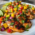 ['Close-up of Honey Lime Chicken topped with vibrant mango salsa.', 'Side view of juicy chicken breast garnished with fresh mango and herbs.', 'Delicious plate of Honey Lime Chicken with colorful salsa ingredients.', 'Detailed view of cooked chicken served with bright mango salsa.']