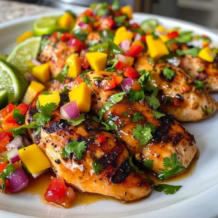 ['Close-up of Honey Lime Chicken topped with vibrant mango salsa.', 'Side view of juicy chicken breast garnished with fresh mango and herbs.', 'Delicious plate of Honey Lime Chicken with colorful salsa ingredients.', 'Detailed view of cooked chicken served with bright mango salsa.']