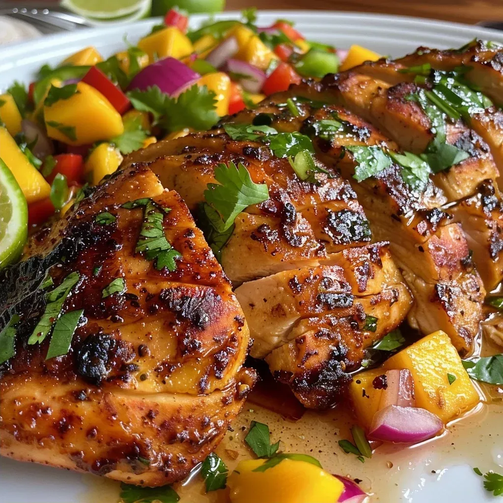 ['Close-up of Honey Lime Chicken topped with vibrant mango salsa.', 'Side view of juicy chicken breast garnished with fresh mango and herbs.', 'Delicious plate of Honey Lime Chicken with colorful salsa ingredients.', 'Detailed view of cooked chicken served with bright mango salsa.']