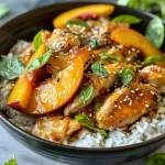 ['A close-up view of Hot Honey Peach Chicken Rice Bowl with colorful ingredients.', 'Juicy chicken pieces and peach wedges served over a bed of rice in a bowl.', 'A vibrant bowl featuring chicken, peaches, rice, and garnishes like sesame seeds.', 'Side view of a savory rice bowl filled with Hot Honey Peach Chicken and fresh herbs.']