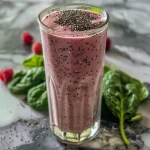 ['Close-up of a green smoothie with berries and chia seeds in a glass.', 'Side view of a vibrant, low-calorie smoothie filled with fruits and greens.', 'Juicy smoothie featuring spinach, banana, and Greek yogurt in a clear cup.', 'Refreshing fruit and vegetable smoothie topped with chia seeds on a table.']