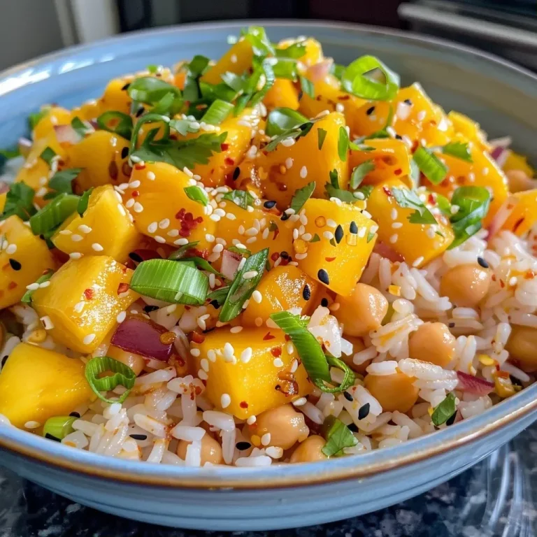 ['Close up of juicy mango cubes atop a bed of fluffy jasmine rice.', 'Side view of a colorful dish featuring mango and rice with garnishes.', 'Vibrant mango chunks mixed with chopped green onions over cooked rice.', 'Delicious bowl of jasmine rice complemented by fresh mango pieces.']