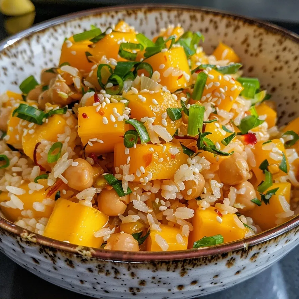 ['Close up of juicy mango cubes atop a bed of fluffy jasmine rice.', 'Side view of a colorful dish featuring mango and rice with garnishes.', 'Vibrant mango chunks mixed with chopped green onions over cooked rice.', 'Delicious bowl of jasmine rice complemented by fresh mango pieces.']