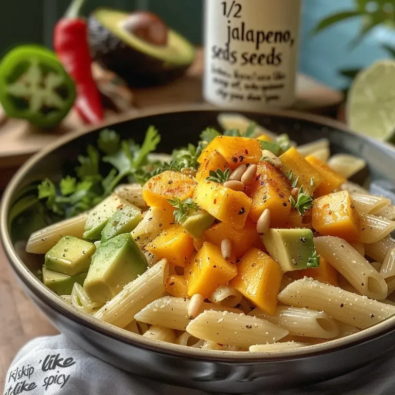 ['Close-up of vibrant Mango Avocado Pasta Salad in a bowl, topped with fresh cilantro.', 'Side view of colorful pasta salad featuring diced mango, avocado, and lime dressing.', 'Juicy mango and creamy avocado pasta salad with a sprinkle of pine nuts and herbs.', 'Fresh and colorful pasta salad highlighting mango, avocado, and cilantro in a serving dish.']