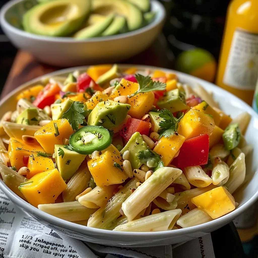 ['Close-up of vibrant Mango Avocado Pasta Salad in a bowl, topped with fresh cilantro.', 'Side view of colorful pasta salad featuring diced mango, avocado, and lime dressing.', 'Juicy mango and creamy avocado pasta salad with a sprinkle of pine nuts and herbs.', 'Fresh and colorful pasta salad highlighting mango, avocado, and cilantro in a serving dish.']