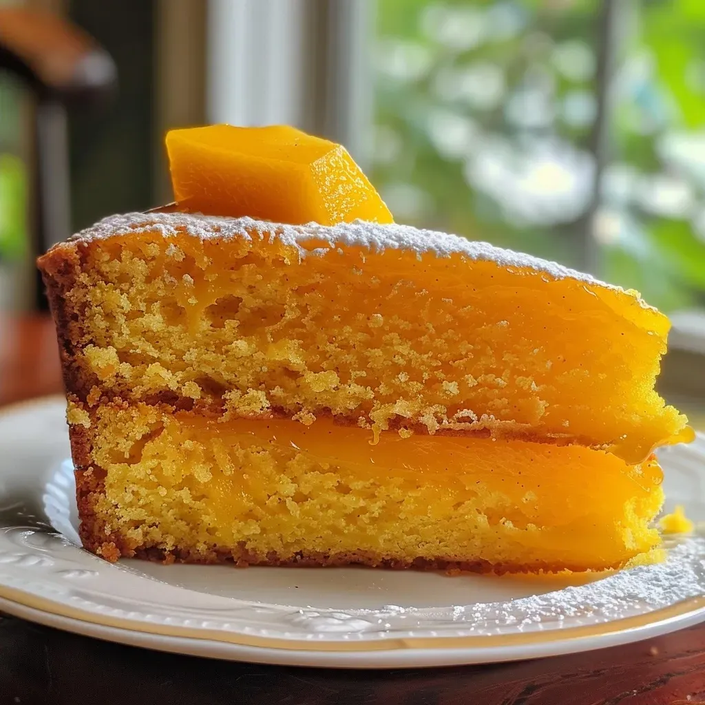 ['Close-up side view of a slice of moist mango cake topped with mango slices.', 'Side view of a delicious mango cake with vibrant yellow mango puree on top.', 'Juicy mango cake slice with a rich texture and colorful fruit garnish.', 'Luscious mango cake with a golden hue, featuring a smooth frosting and fresh mango.']