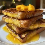 ['Close-up view of a Mango Cheesecake Protein French Toast drizzled with syrup.', 'Side angle of a stack of Mango Cheesecake Protein French Toast topped with mango slices.', 'Delicious Mango Cheesecake Protein French Toast with creamy yogurt and vibrant mango purée.', 'Plate of Mango Cheesecake Protein French Toast showcasing its golden-brown color and toppings.']
