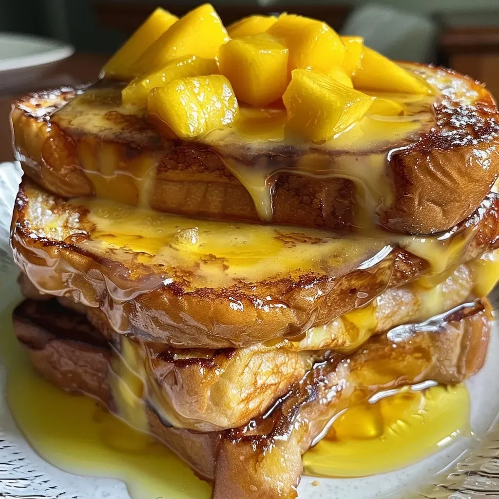 ['Close-up view of a Mango Cheesecake Protein French Toast drizzled with syrup.', 'Side angle of a stack of Mango Cheesecake Protein French Toast topped with mango slices.', 'Delicious Mango Cheesecake Protein French Toast with creamy yogurt and vibrant mango purée.', 'Plate of Mango Cheesecake Protein French Toast showcasing its golden-brown color and toppings.']