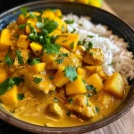 ['A close-up view of a bowl of Mango Chicken Curry, showcasing tender chicken pieces and vibrant mango puree.', 'A side view of Mango Chicken Curry, highlighting the creamy texture and colorful ingredients in a white bowl.', 'Juicy Mango Chicken Curry served in a bowl, with visible chunks of chicken, mango, and fresh cilantro.', 'Close-up image of Mango Chicken Curry, featuring aromatic spices and garnished with cilantro.']