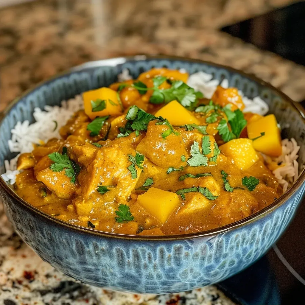 ['A close-up view of a bowl of Mango Chicken Curry, showcasing tender chicken pieces and vibrant mango puree.', 'A side view of Mango Chicken Curry, highlighting the creamy texture and colorful ingredients in a white bowl.', 'Juicy Mango Chicken Curry served in a bowl, with visible chunks of chicken, mango, and fresh cilantro.', 'Close-up image of Mango Chicken Curry, featuring aromatic spices and garnished with cilantro.']
