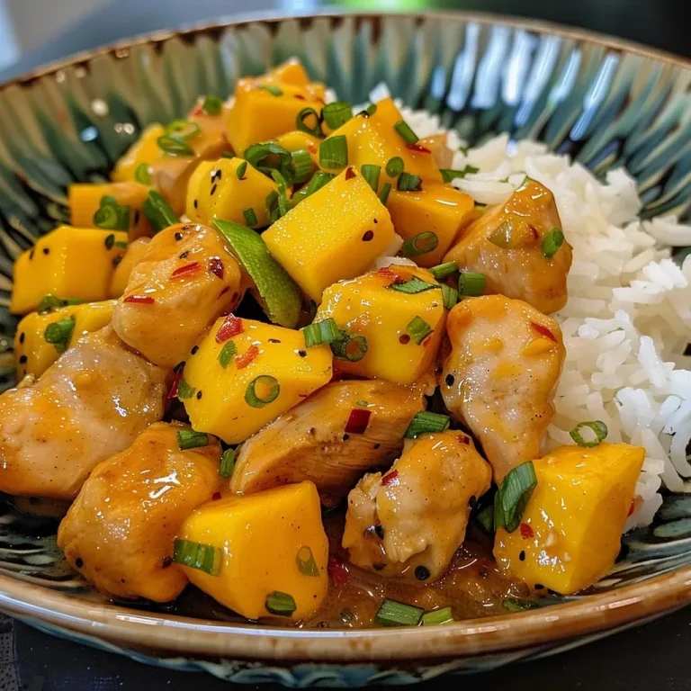 ['A close-up view of a plate of Mango Chicken, featuring succulent chicken thighs glazed in mango sauce with garnishes.', 'Juicy Mango Chicken served on a white dish, with vibrant orange mango slices and garnishes visible.', 'A side view of Mango Chicken showcasing the tender, golden-brown chicken thighs and colorful sauce.', 'A detailed close-up of Mango Chicken, highlighting the shiny glaze and chunks of ripe mango alongside the chicken.']