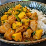 ['Juicy mango chicken served on a plate with mango chunks and garnished with cilantro.', 'Close-up of tender chicken pieces coated in a vibrant mango sauce with spices.', 'A vibrant dish of mango chicken featuring fresh mango and garnishes, viewed from the side.', 'Delicious mango chicken recipe displayed with cilantro and mango pieces, highlighting its texture.']
