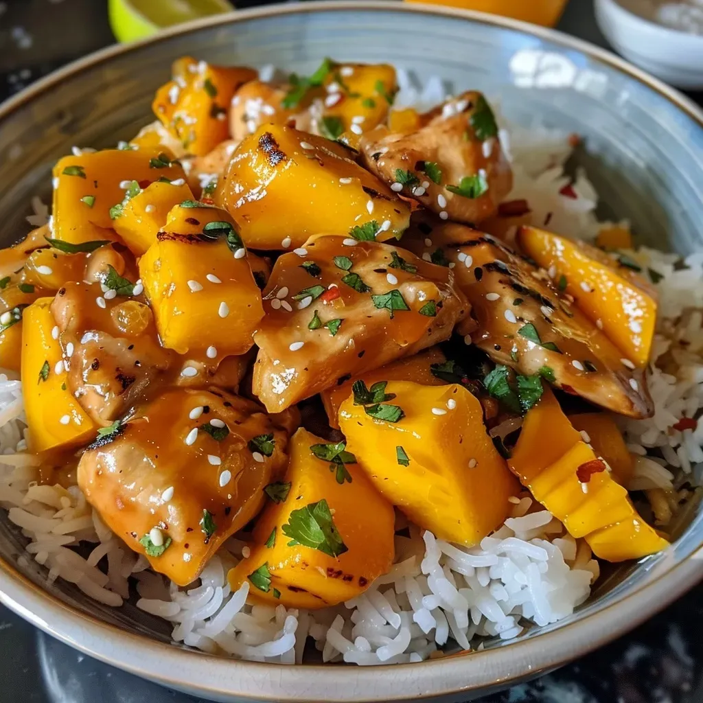['A close-up view of a plate of Mango Chicken, featuring succulent chicken thighs glazed in mango sauce with garnishes.', 'Juicy Mango Chicken served on a white dish, with vibrant orange mango slices and garnishes visible.', 'A side view of Mango Chicken showcasing the tender, golden-brown chicken thighs and colorful sauce.', 'A detailed close-up of Mango Chicken, highlighting the shiny glaze and chunks of ripe mango alongside the chicken.']