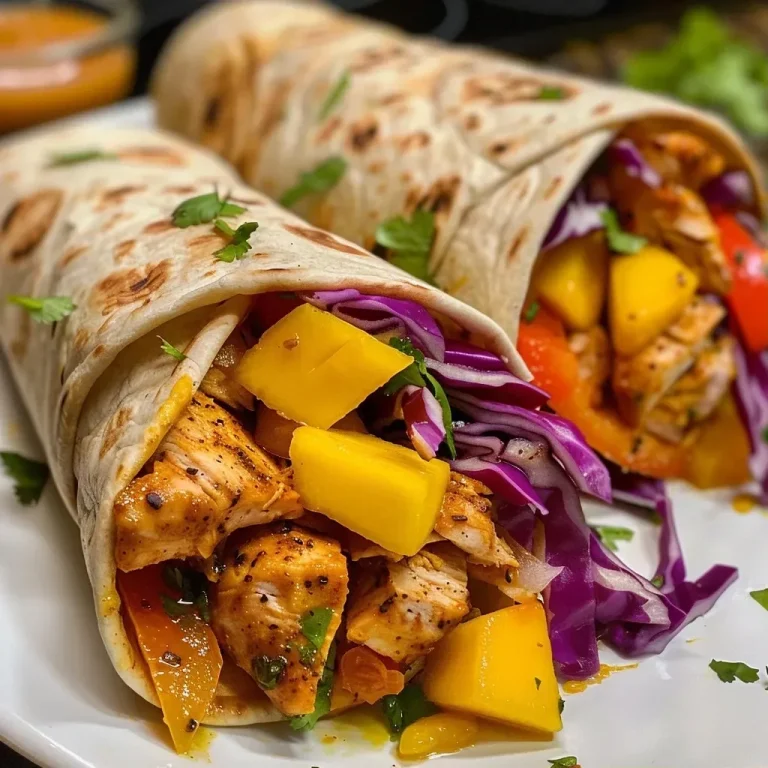 ['Close-up of a juicy mango chicken tortilla wrap filled with vibrant vegetables.', 'Detailed view of colorful mango chicken wraps, showcasing fresh ingredients and textures.', 'Side view of a deliciously packed tortilla wrap featuring mango and chicken.', 'Close-up shot of a tortilla wrap with chicken, mango, and vegetables, highlighting its freshness.']