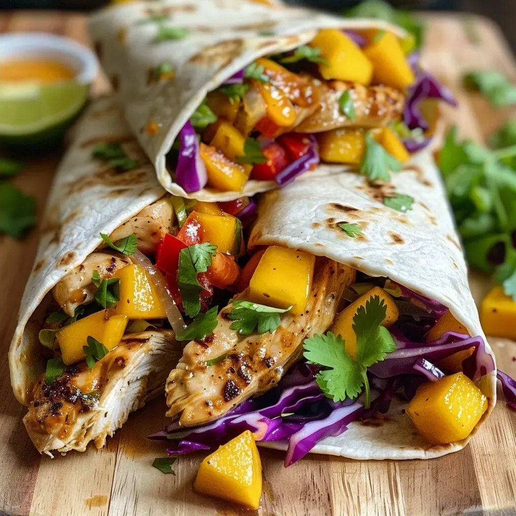 ['Close-up of a juicy mango chicken tortilla wrap filled with vibrant vegetables.', 'Detailed view of colorful mango chicken wraps, showcasing fresh ingredients and textures.', 'Side view of a deliciously packed tortilla wrap featuring mango and chicken.', 'Close-up shot of a tortilla wrap with chicken, mango, and vegetables, highlighting its freshness.']