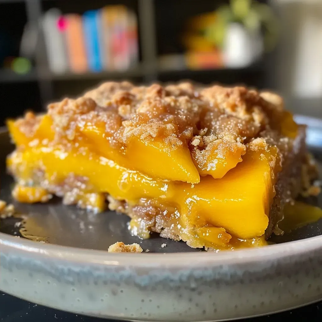 ['Close-up view of a golden-brown mango cobbler topped with fresh mango slices.', 'Side view of a freshly baked mango cobbler with a crispy crust and juicy filling.', 'Appetizing mango cobbler with a shimmering crust and bits of ripe mango visible.', 'Flaky and golden crust of a mango cobbler, highlighting the vibrant mango filling.']