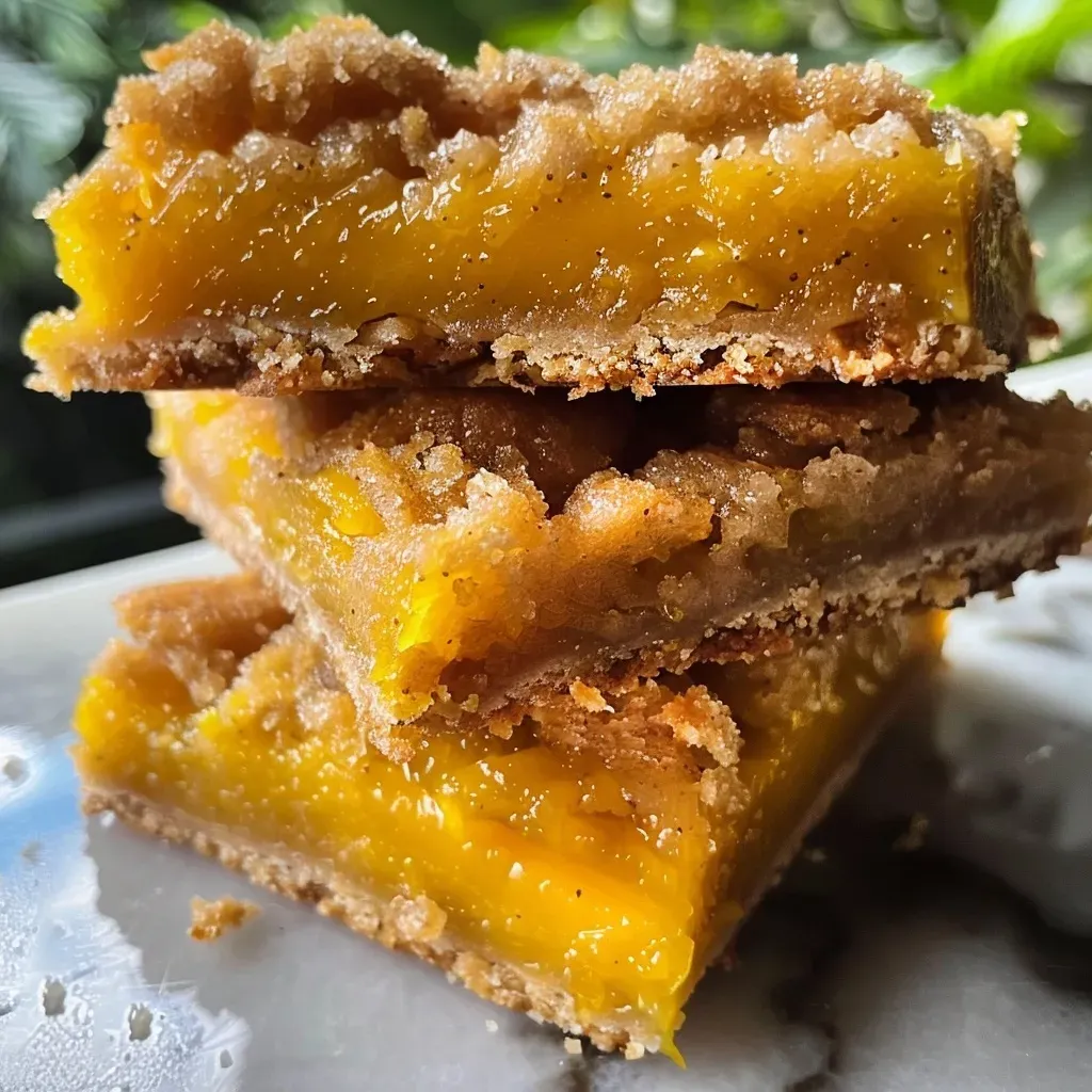 ['Close-up view of mango crumb bars with a golden crumb topping.', 'Side view of succulent mango crumb bars, showcasing their layers.', 'Juicy mango crumb bars with a rich crumbly crust, freshly baked.', 'Appetizing mango crumb bars displayed on a plate with a side view.']
