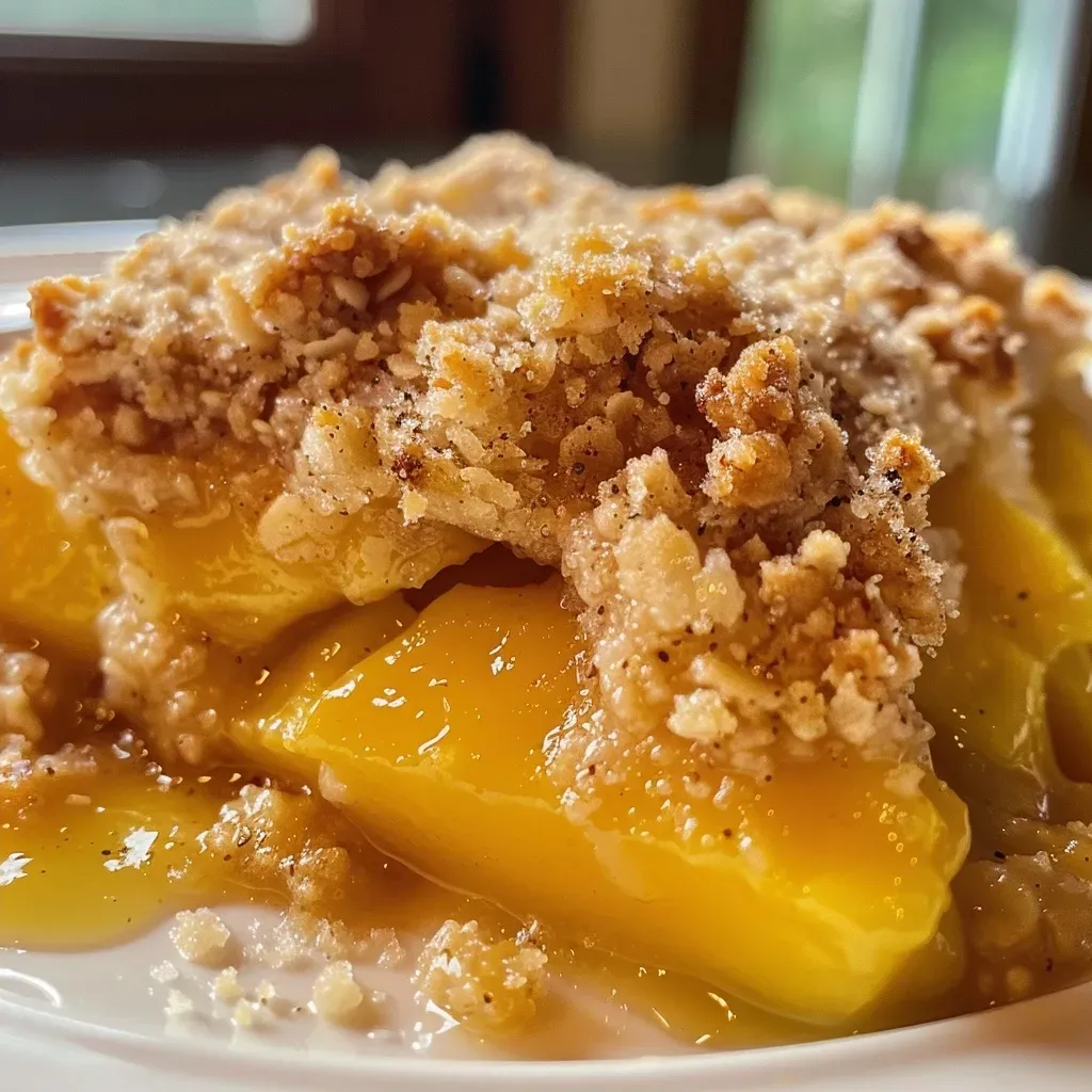 ['A close-up view of a mango crumble with golden-brown topping and juicy mango slices.', 'Side view of a delicious mango crumble showcasing its crumbly texture and fresh mango layers.', 'Juicy mango crumble displayed in a bowl, highlighting the golden crust and fresh fruit.', 'Detailed side view of mango crumble, emphasizing the crispy topping and vibrant mango slices.']