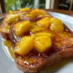 ['Close-up view of Mango French Toast on a plate.', 'Side view of a delicious serving of Mango French Toast.', 'Juicy Mango French Toast with a golden-brown crust.', 'Slices of tropical Mango French Toast topped with puree.']