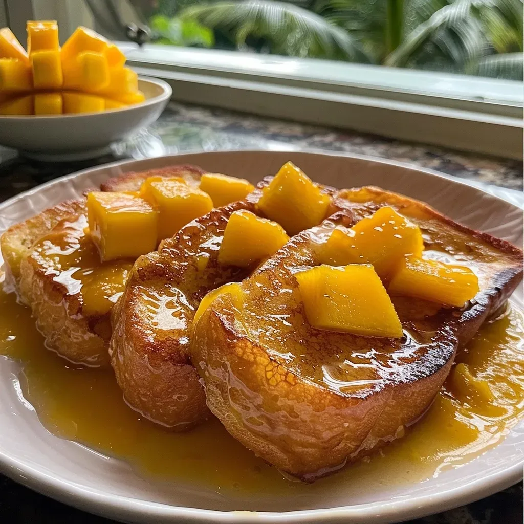 ['Close-up view of Mango French Toast on a plate.', 'Side view of a delicious serving of Mango French Toast.', 'Juicy Mango French Toast with a golden-brown crust.', 'Slices of tropical Mango French Toast topped with puree.']