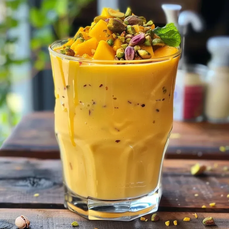 ['Close-up view of a creamy mango lassi topped with crushed pistachios and coconut chips.', 'Side view of a refreshing mango lassi drink with a sprinkle of pistachios and coconut flakes.', 'Detailed image of a mango lassi garnished with chopped pistachios and coconut, showcasing its texture.', 'Vibrant mango lassi in a glass, adorned with coconut chips and pistachio pieces.']
