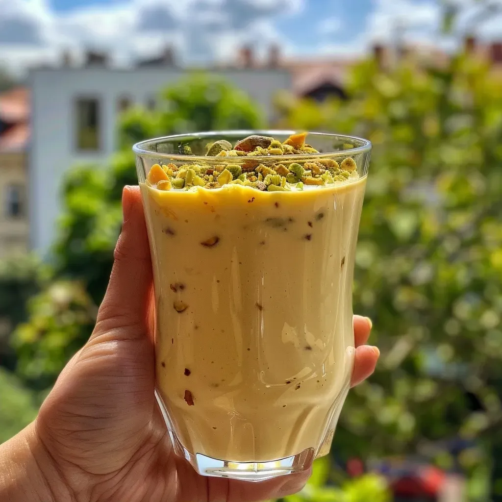 ['Close-up view of a creamy mango lassi topped with crushed pistachios and coconut chips.', 'Side view of a refreshing mango lassi drink with a sprinkle of pistachios and coconut flakes.', 'Detailed image of a mango lassi garnished with chopped pistachios and coconut, showcasing its texture.', 'Vibrant mango lassi in a glass, adorned with coconut chips and pistachio pieces.']