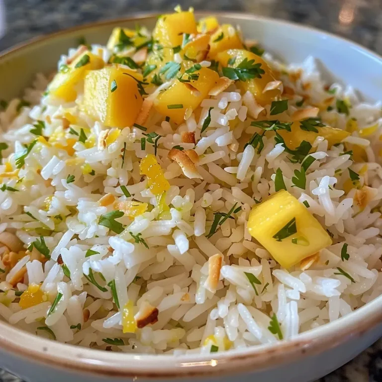 ['Close-up view of a bowl of Mango Lime Rice with coconut flakes and cilantro.', 'Side photograph of vibrant Mango Lime Rice garnished with fresh cilantro and toasted coconut.', 'Juicy Mango Lime Rice in a bowl, showcasing the colorful mango pieces and coconut flakes.', 'Detail shot of Mango Lime Rice highlighting the bright colors of mango, lime, and coconut.']