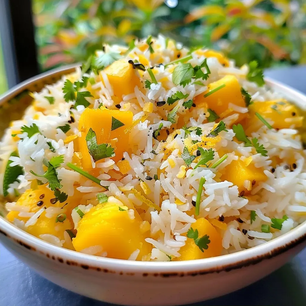 ['Close-up view of a bowl of Mango Lime Rice with coconut flakes and cilantro.', 'Side photograph of vibrant Mango Lime Rice garnished with fresh cilantro and toasted coconut.', 'Juicy Mango Lime Rice in a bowl, showcasing the colorful mango pieces and coconut flakes.', 'Detail shot of Mango Lime Rice highlighting the bright colors of mango, lime, and coconut.']