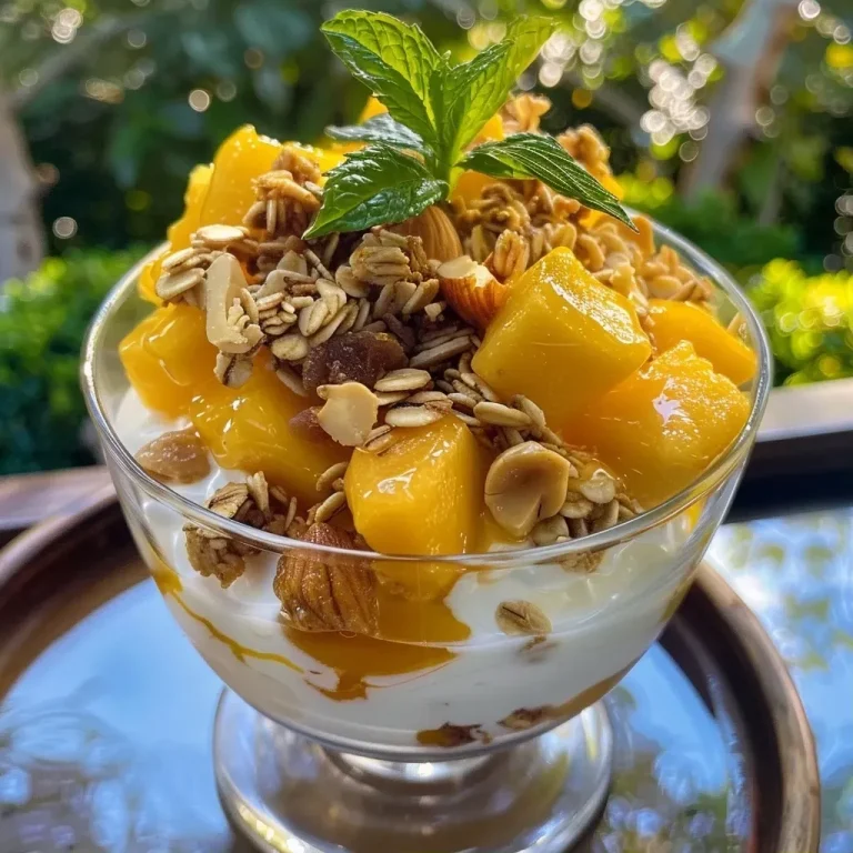 ['Close-up view of a vibrant mango parfait layered with yogurt and granola.', 'Side angle of a mango parfait featuring ripe mango slices and creamy yogurt.', 'A delicious mango parfait displayed in a clear glass, topped with fresh mango and cashews.', 'Colorful layers of Greek yogurt, mango compote, and granola in a parfait glass.']
