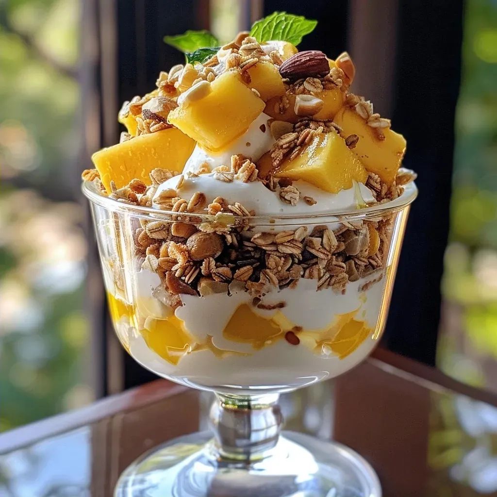 ['Close-up view of a vibrant mango parfait layered with yogurt and granola.', 'Side angle of a mango parfait featuring ripe mango slices and creamy yogurt.', 'A delicious mango parfait displayed in a clear glass, topped with fresh mango and cashews.', 'Colorful layers of Greek yogurt, mango compote, and granola in a parfait glass.']