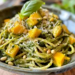 ['Close-up of a vibrant bowl of mango pesto with pasta, showcasing fresh ingredients.', 'Juicy mango pesto in a clear bowl, featuring basil leaves and nuts, viewed from the side.', 'Side view of delicious mango pesto, highlighting its creamy texture and colorful ingredients.', 'A fresh and vibrant mango pesto with spaghetti, emphasizing the richness of the dish.']