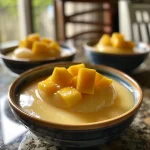 ['Close-up view of a creamy mango posset dessert in a glass dish.', 'Side view of mango possets topped with caramelized sugar.', 'Juicy mango possets presented elegantly with a smooth texture.', 'Fresh mango possets garnished, showcasing vibrant yellow color.']
