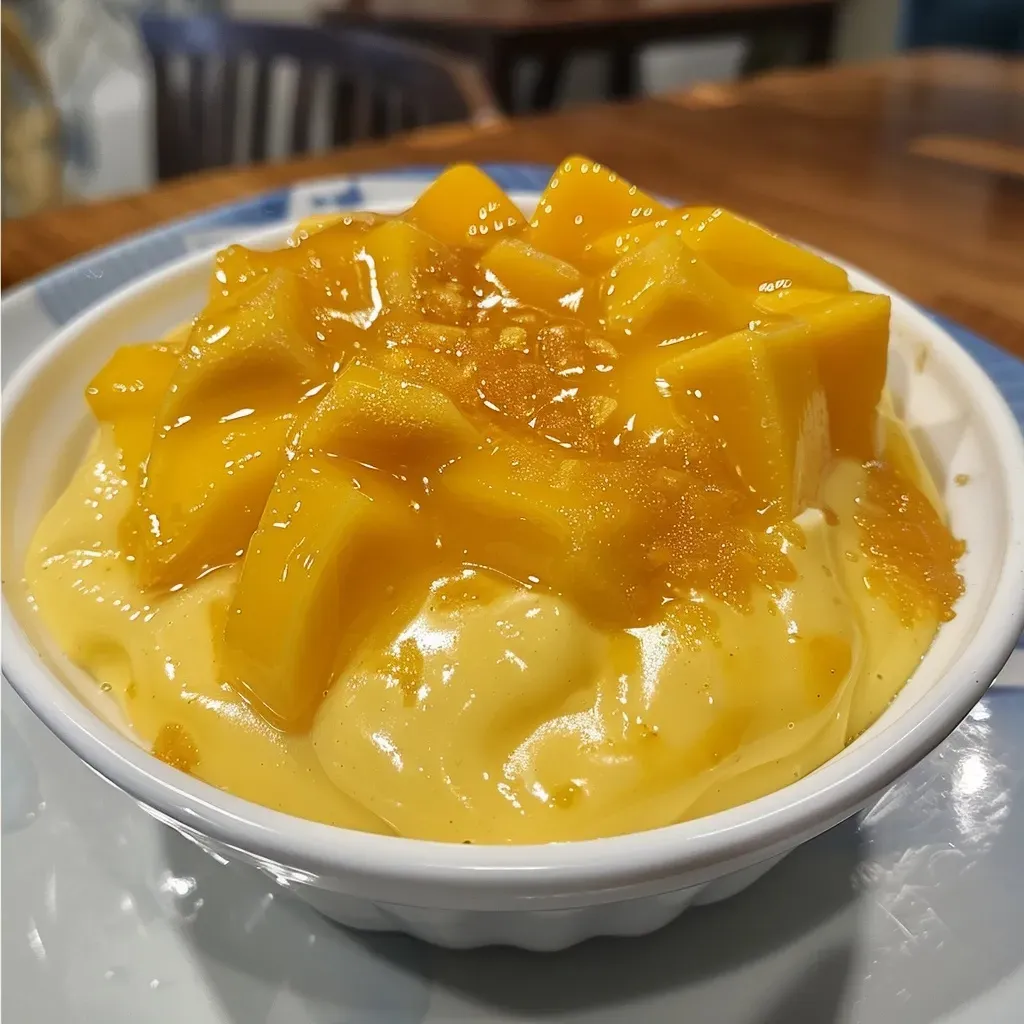 ['Close-up view of a creamy mango posset dessert in a glass dish.', 'Side view of mango possets topped with caramelized sugar.', 'Juicy mango possets presented elegantly with a smooth texture.', 'Fresh mango possets garnished, showcasing vibrant yellow color.']