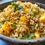 ['Close-up view of Mango Rice with vibrant yellow mango and brown rice.', 'Side angle shot of a bowl of Mango Rice featuring colorful ingredients.', 'Juicy Mango Rice displayed with garnishes and spices visible.', 'Freshly prepared Mango Rice showing grated mango and spices.']