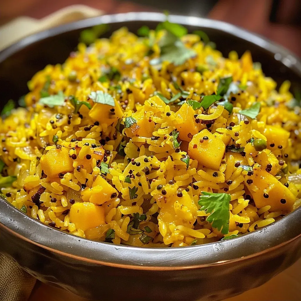 ['Close-up view of Mango Rice with vibrant yellow mango and brown rice.', 'Side angle shot of a bowl of Mango Rice featuring colorful ingredients.', 'Juicy Mango Rice displayed with garnishes and spices visible.', 'Freshly prepared Mango Rice showing grated mango and spices.']