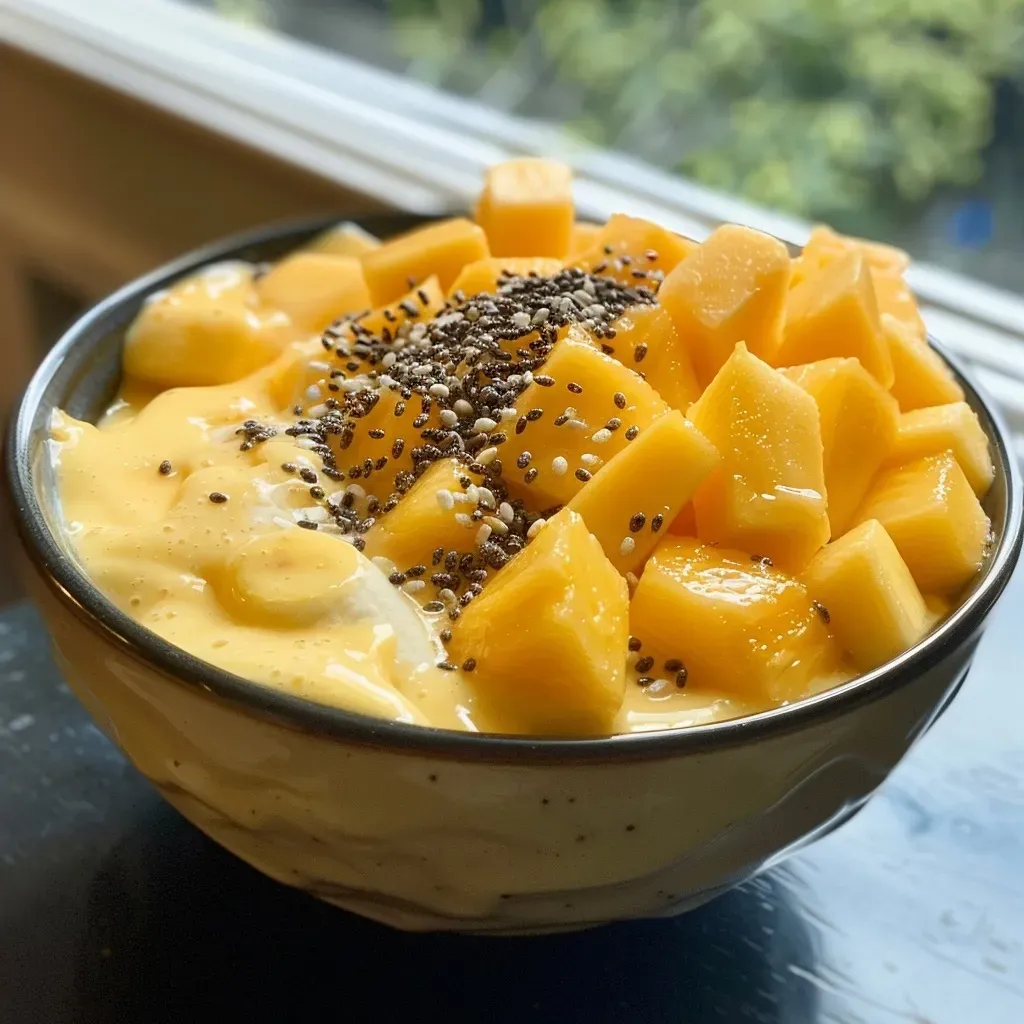 ['A close-up view of a colorful mango smoothie bowl topped with fruits.', 'A side view of a mango smoothie bowl, showing its creamy texture and vibrant colors.', 'A detailed shot of a refreshing mango smoothie bowl with various toppings visible.', 'An inviting mango smoothie bowl filled with blended fruits and garnished attractively.']