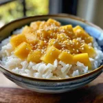 ['Close-up view of mango sticky rice with bright yellow mango slices.', 'Side angle of mango sticky rice drizzled with coconut milk and topped with sesame seeds.', 'Juicy Ataulfo mango pieces on a bed of glutinous rice, garnished with sesame seeds.', 'Delicious presentation of mango sticky rice, highlighting its creamy texture and rich colors.']