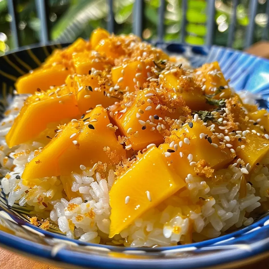 ['Close-up view of mango sticky rice with bright yellow mango slices.', 'Side angle of mango sticky rice drizzled with coconut milk and topped with sesame seeds.', 'Juicy Ataulfo mango pieces on a bed of glutinous rice, garnished with sesame seeds.', 'Delicious presentation of mango sticky rice, highlighting its creamy texture and rich colors.']