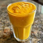 ['Close-up of a vibrant yellow mango turmeric smoothie in a glass.', 'Side view of a creamy mango smoothie with a dash of turmeric.', 'Delicious golden smoothie with mango and turmeric, served in a clear glass.', 'Thick mango turmeric smoothie in a short glass, highlighted against a blurred background.']